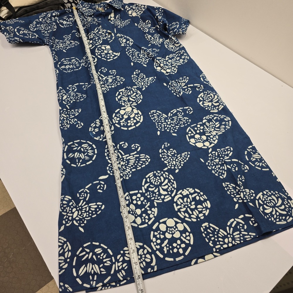 Vintage Handprinted Veggie Dye Indigo Cotton Midi‎ Dress Blue White Butterfly M - Picture 6 of 6